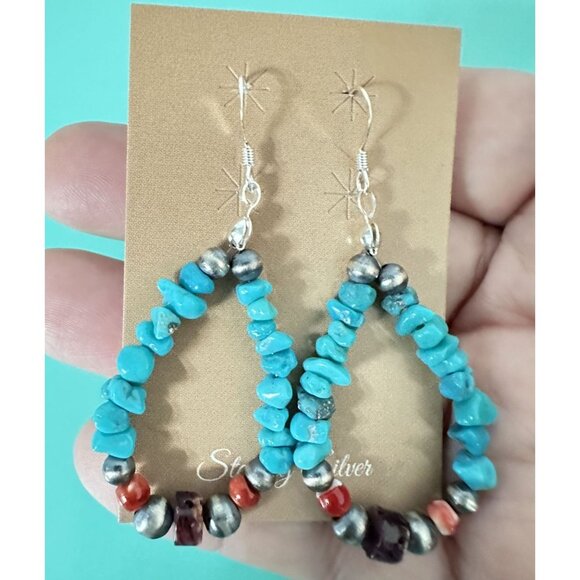 Native American Handmade Silver & Genuine Multi Gemstone Teardrop Earrings - Picture 6 of 6